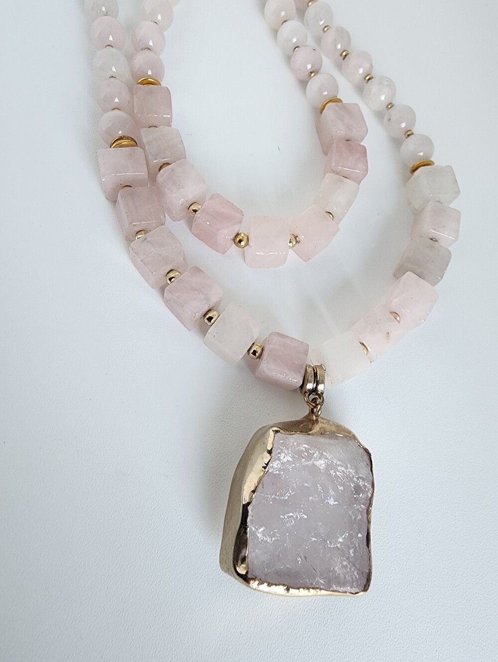 Rose Quartz Statement Necklace Double Strand Raw Stone Pendant 18" - Picture 5 of 5